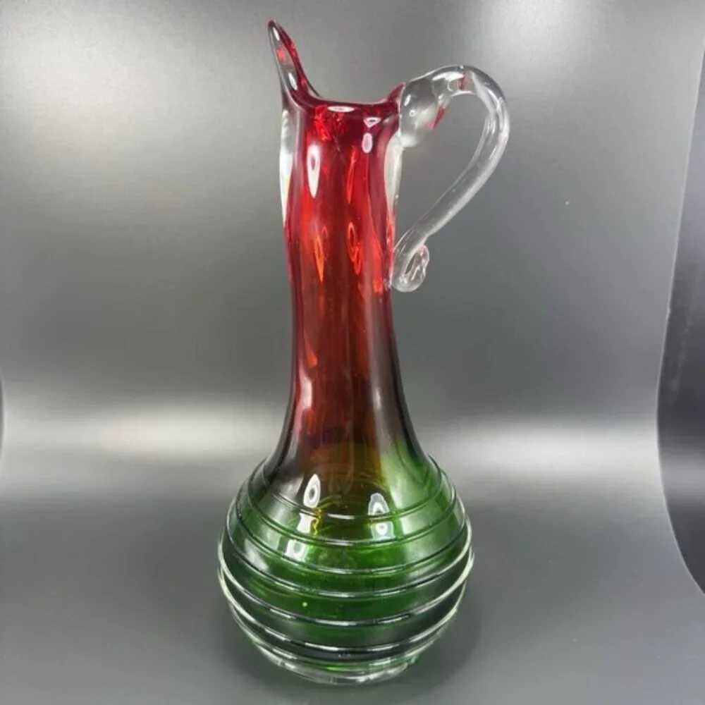 Heavy Hand Blown Glass Pitcher Vase Carafe Multicolor Applied Swirl Glass‎ Decor